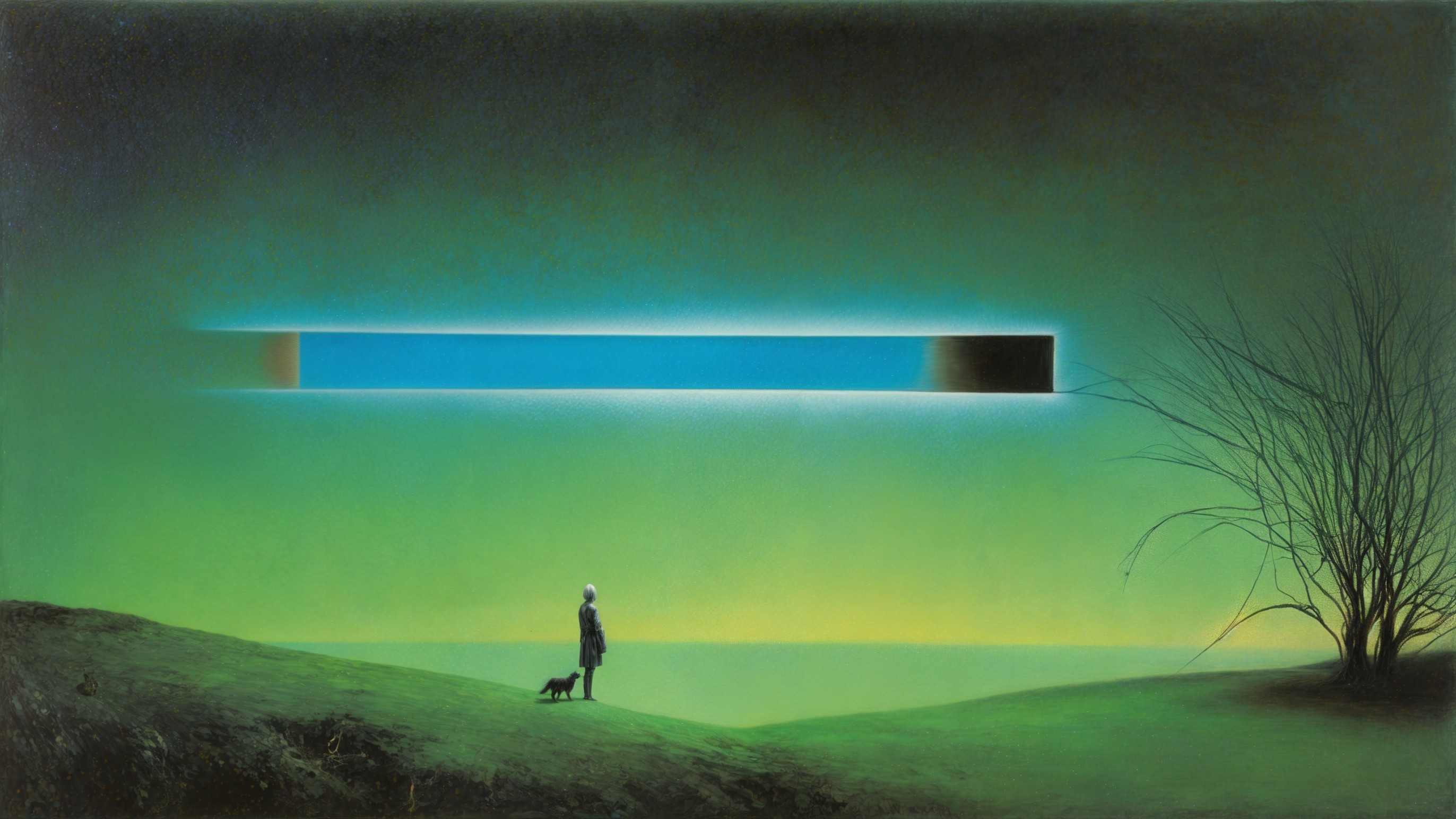 Lone Figure and Dog in a Surreal Landscape Scene