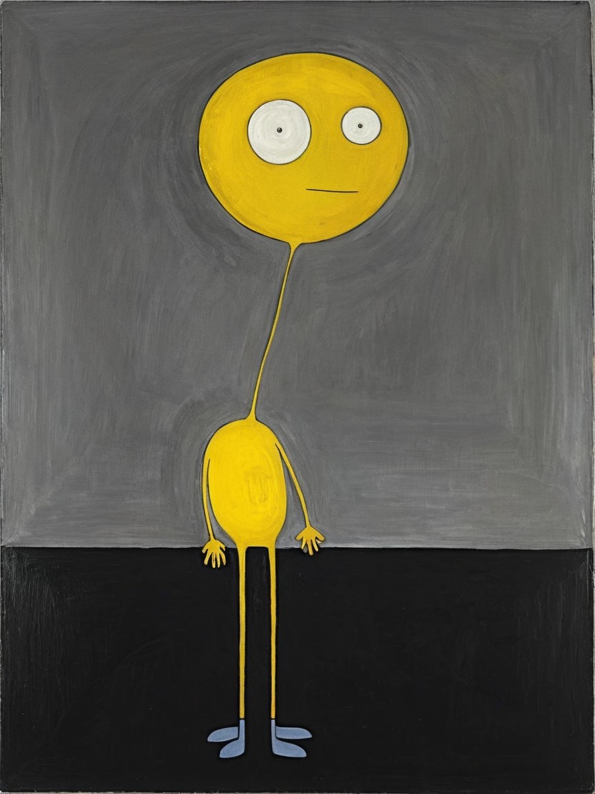 Cartoon Character with Yellow Head on Gray Background