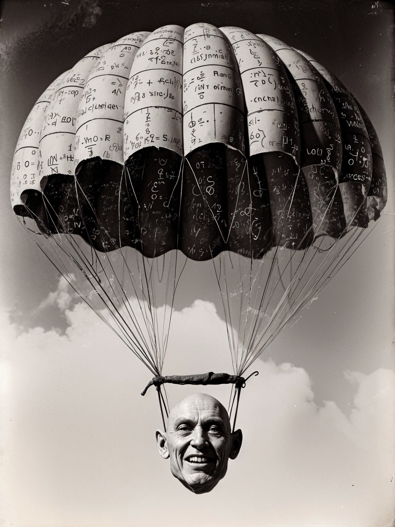 Surreal Black-and-White Image of Parachute and Head