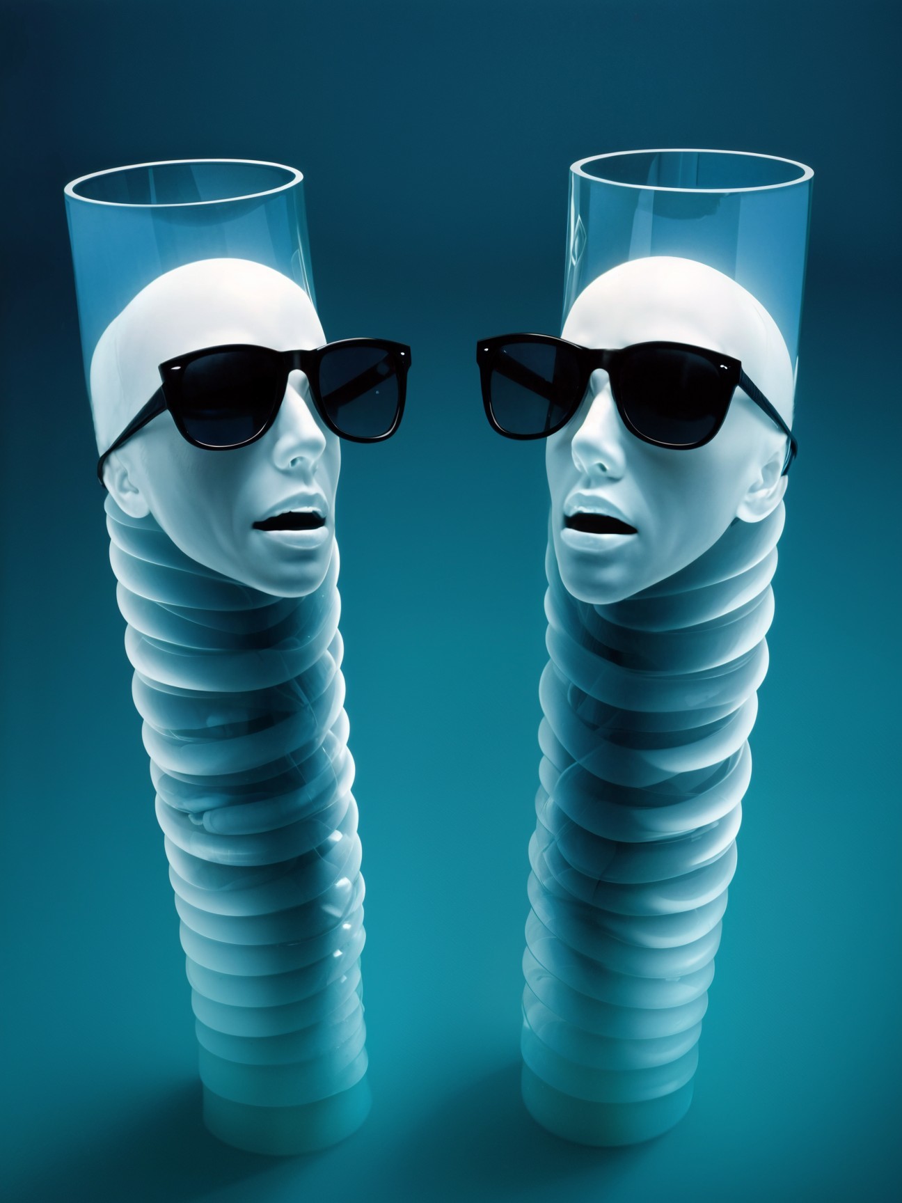 Abstract Mannequin Heads in Transparent Tubes