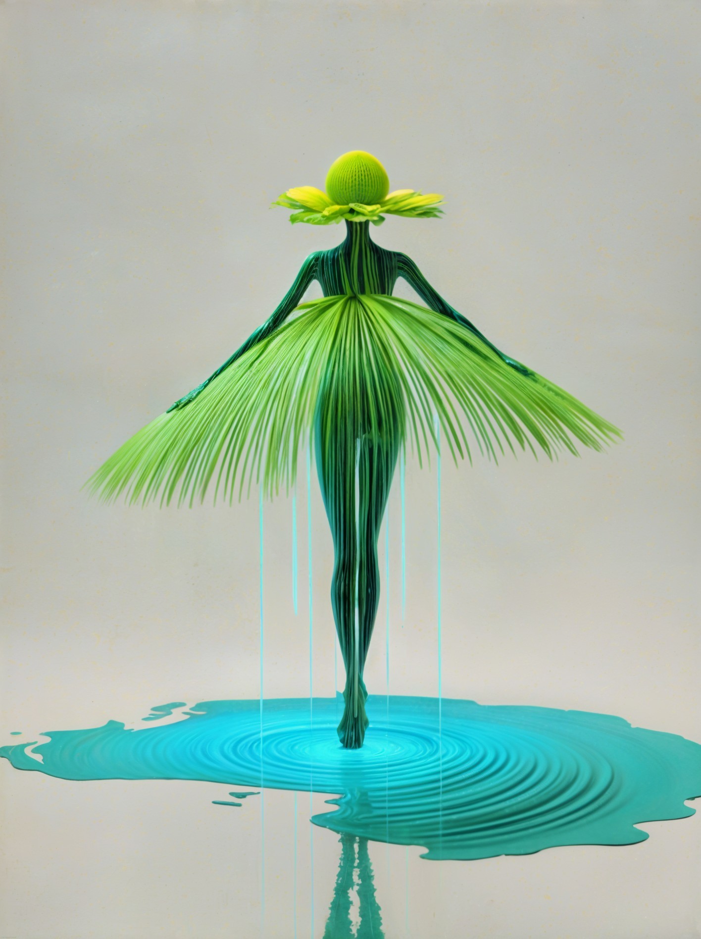 Stylized dancer figure made of green materials