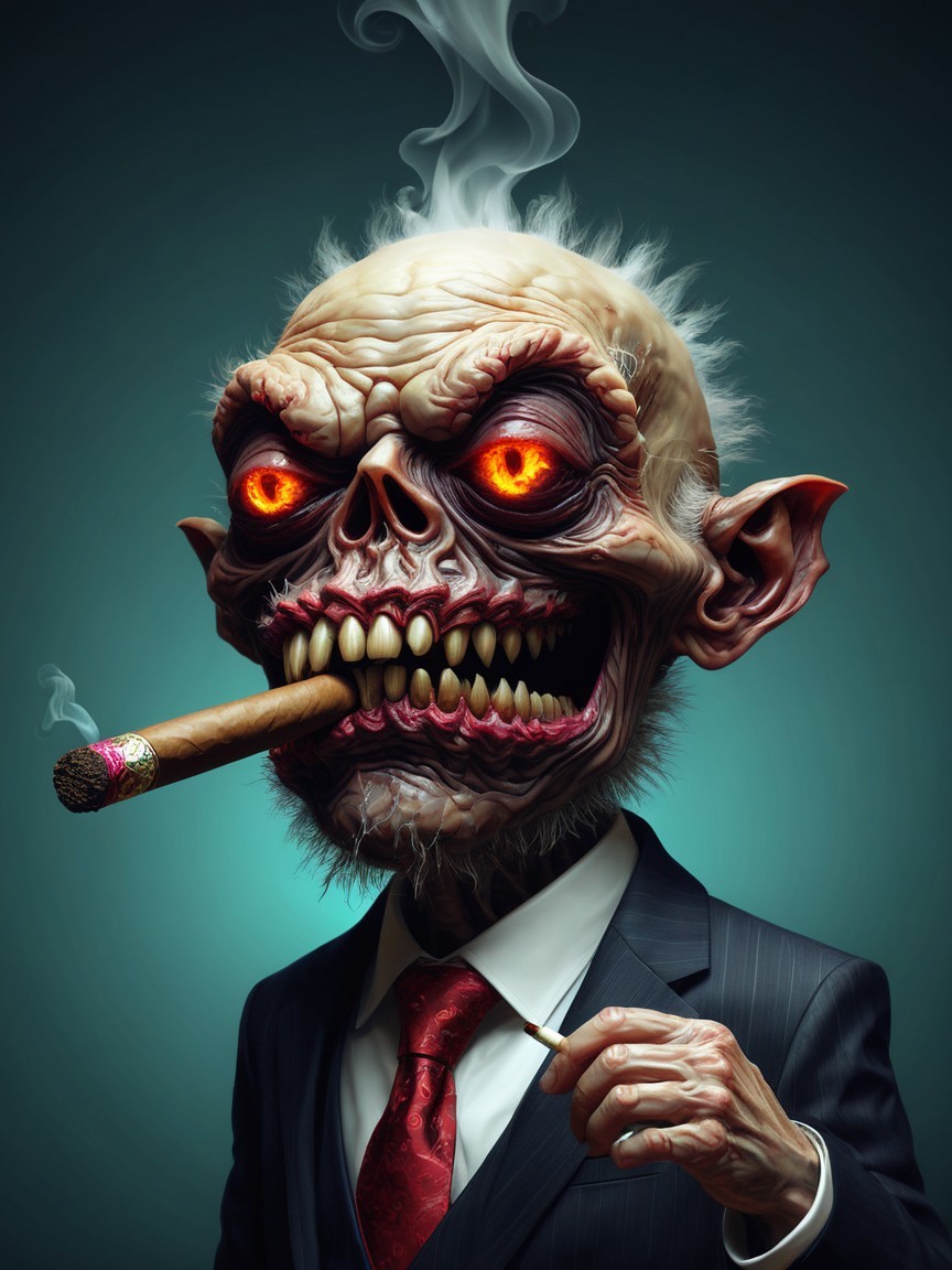 Skeletal Figure with Glowing Eyes and Dark Suit