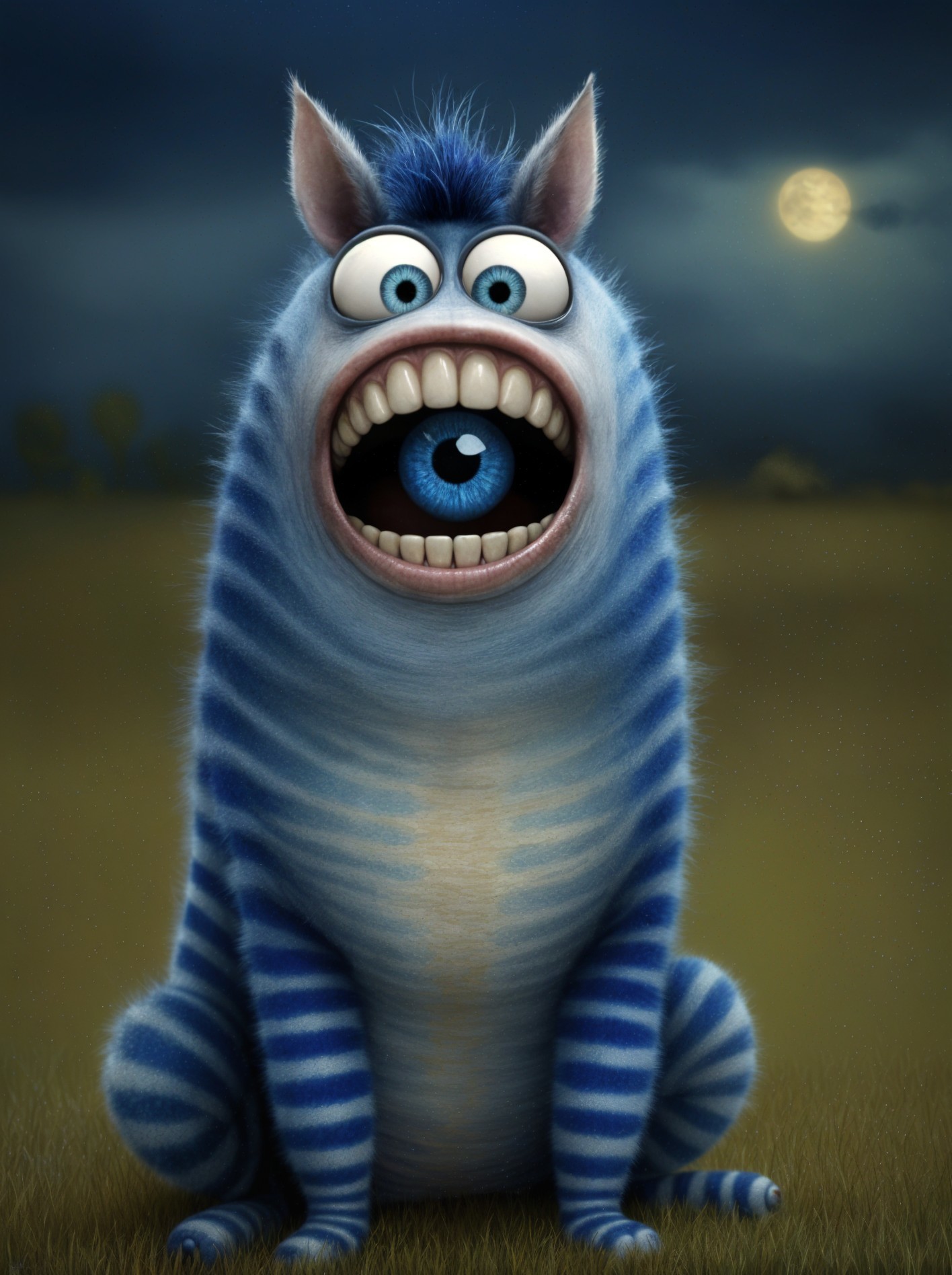 Cartoonish creature in a grassy field under moonlight