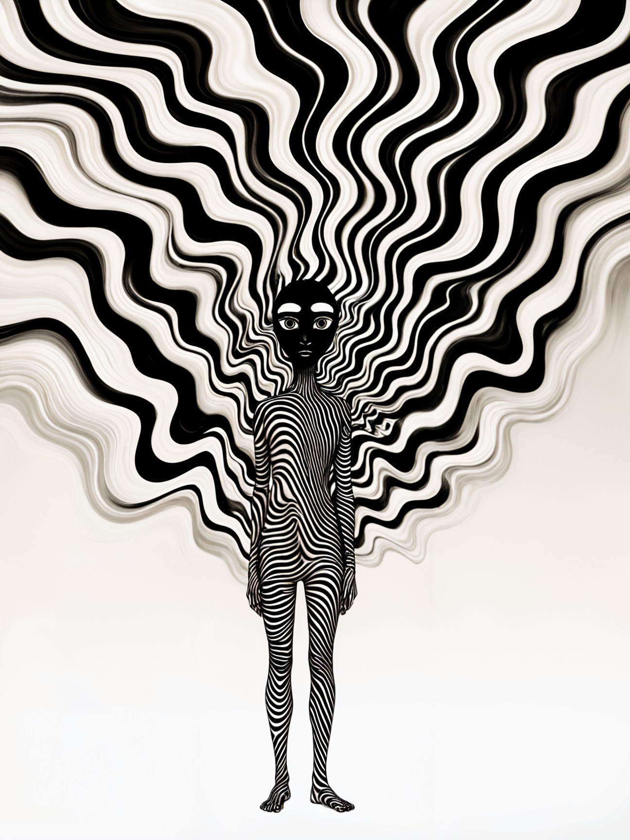 Surreal Figure in Black and White Stripes with Flowing Hair