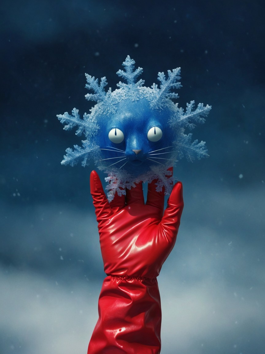 Disembodied hand holding blue cat head in snowy sky