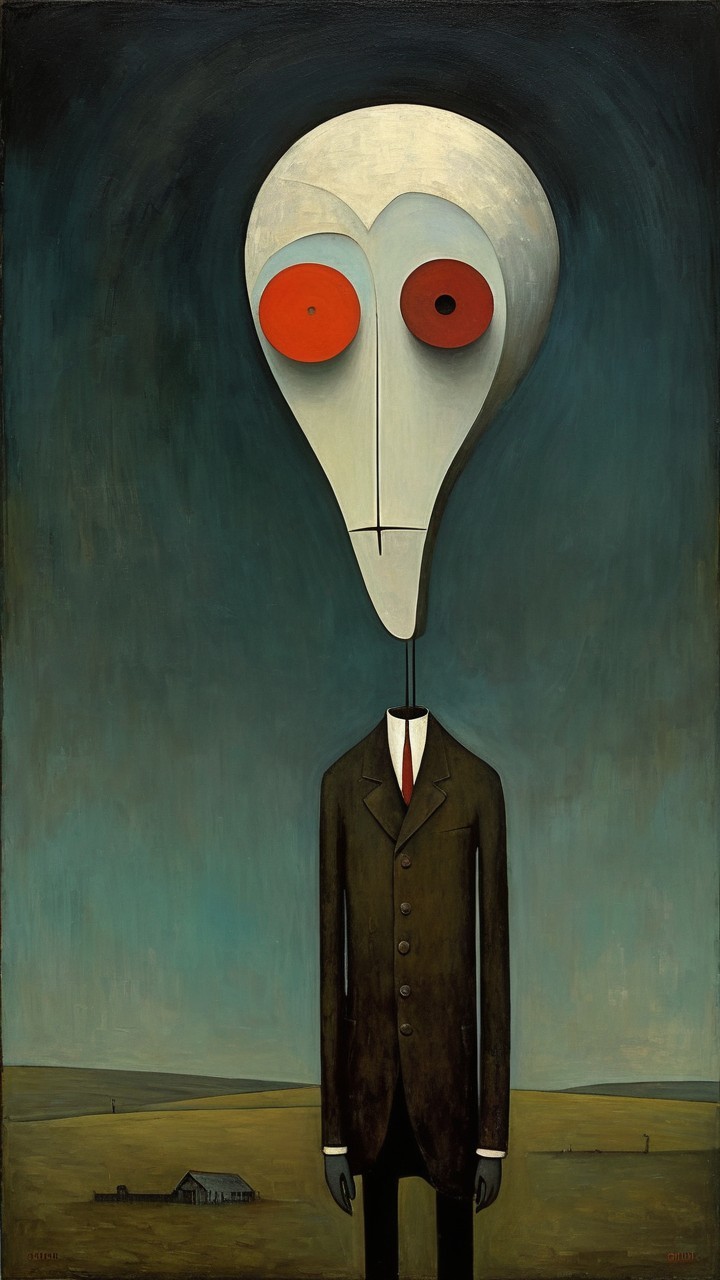 Surreal Figure in Black Suit Against Dark Background