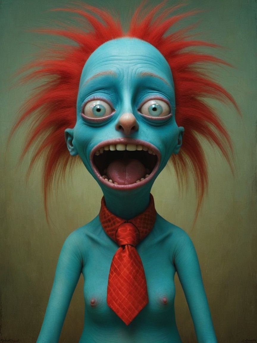 Surreal Character with Blue Skin and Red Hair