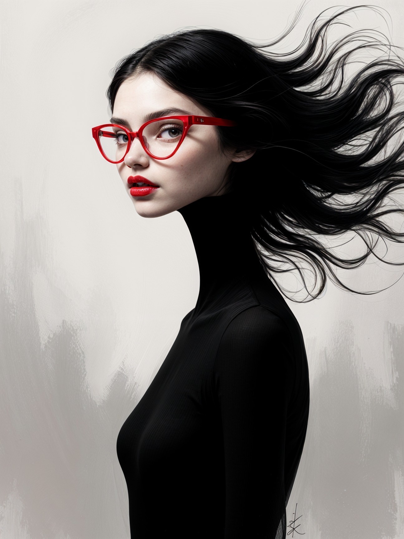 Portrait of a woman with black hair and red glasses