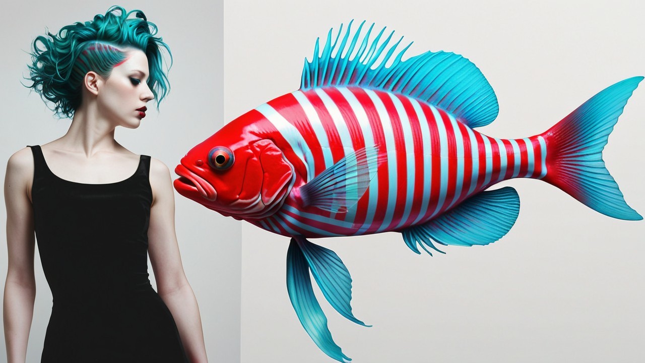 Woman with Teal Hair and Stylized Red Fish Interaction