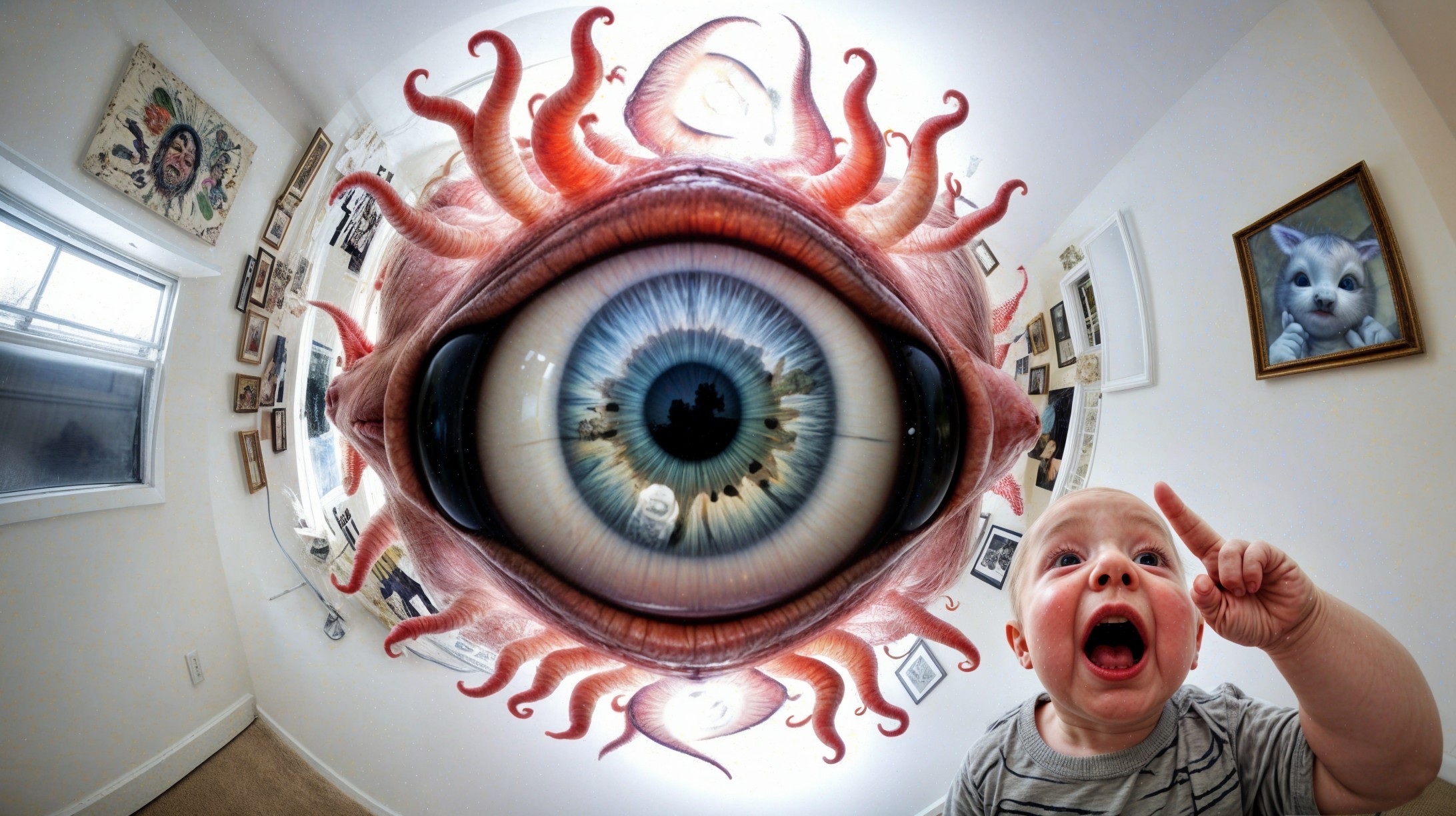 Surreal Room with Dominant Eye and Curious Baby