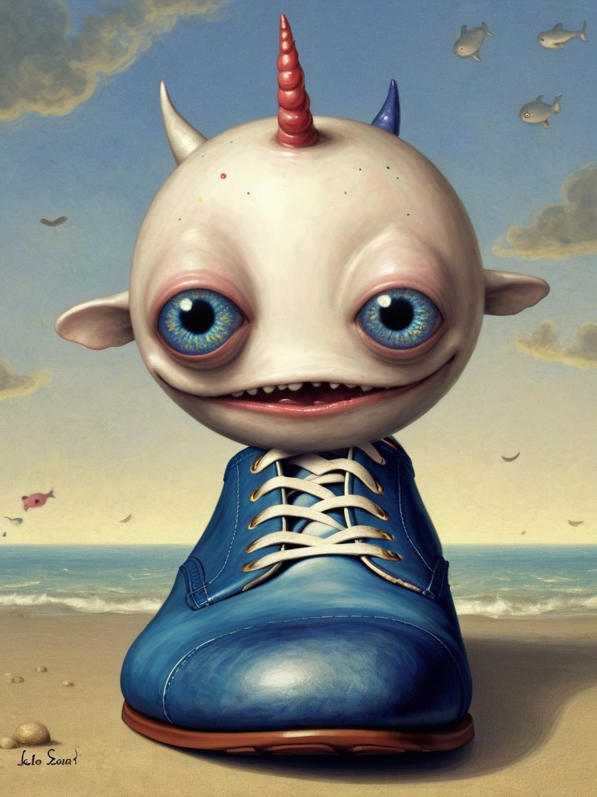 Whimsical creature in giant blue shoe at beach scene