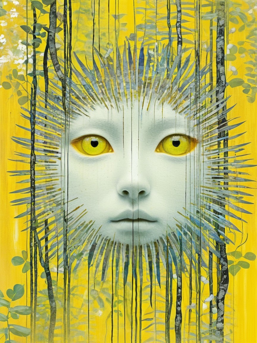 Surreal Face with Yellow Eyes and Spiky Halo Design