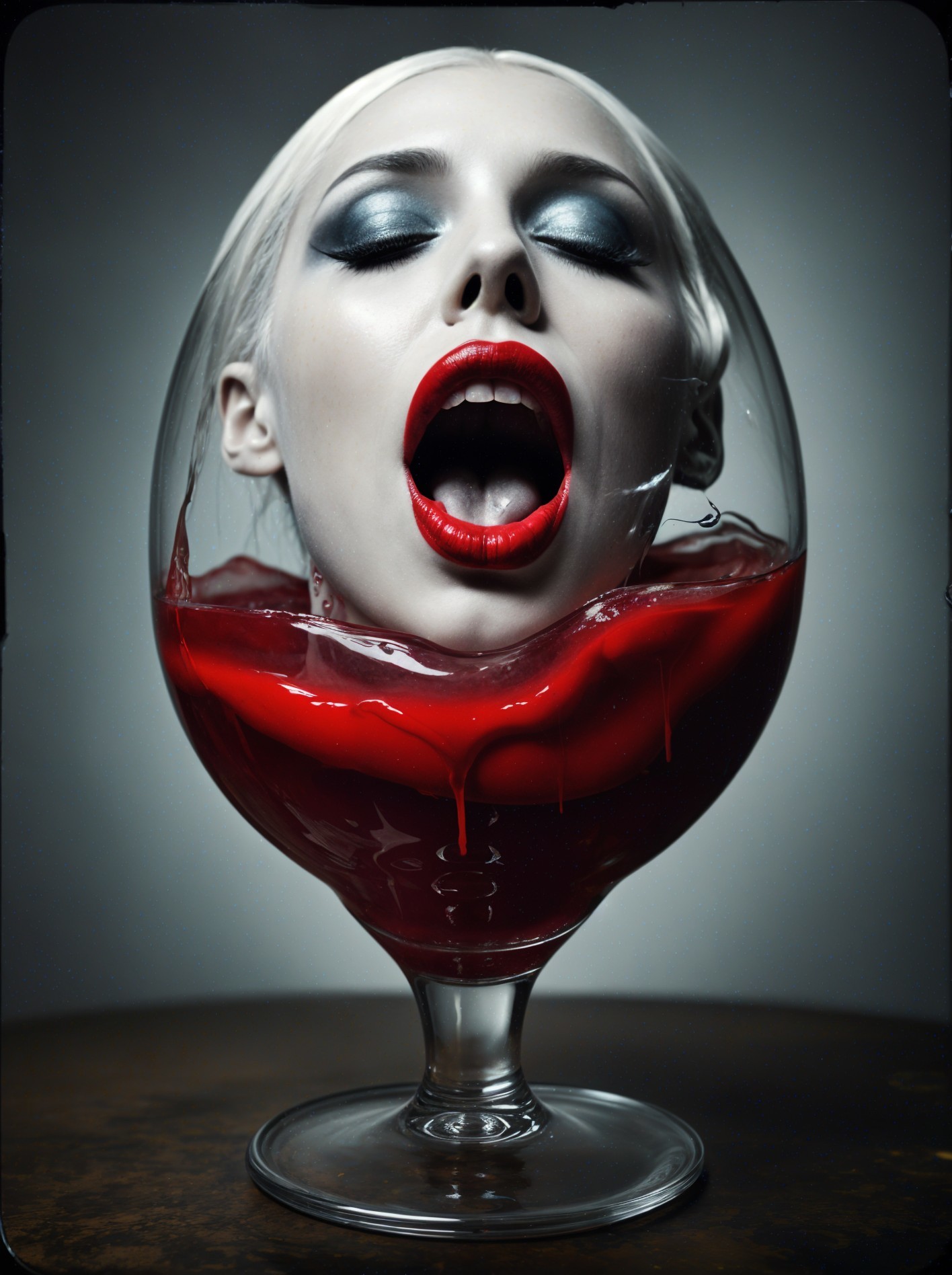 Surreal Composition of Woman's Head in Red Liquid