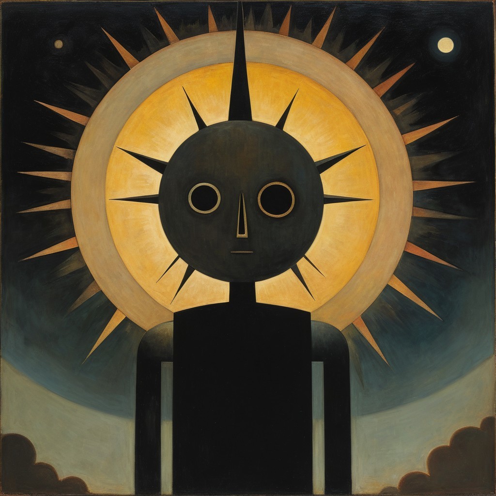 Stylized Figure Against Radiant Sun and Celestial Backdrop