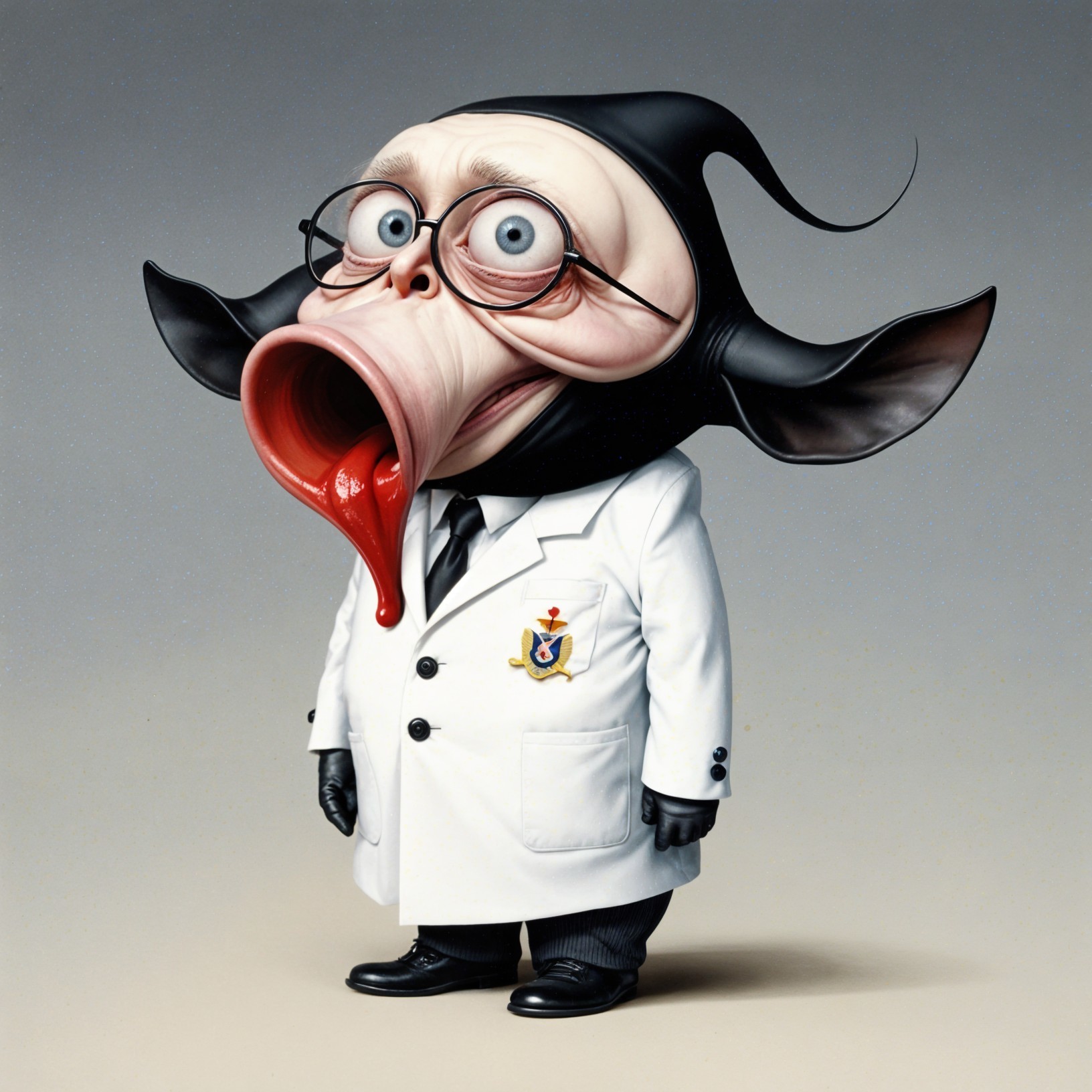 Cartoonish hybrid character in lab coat with glasses