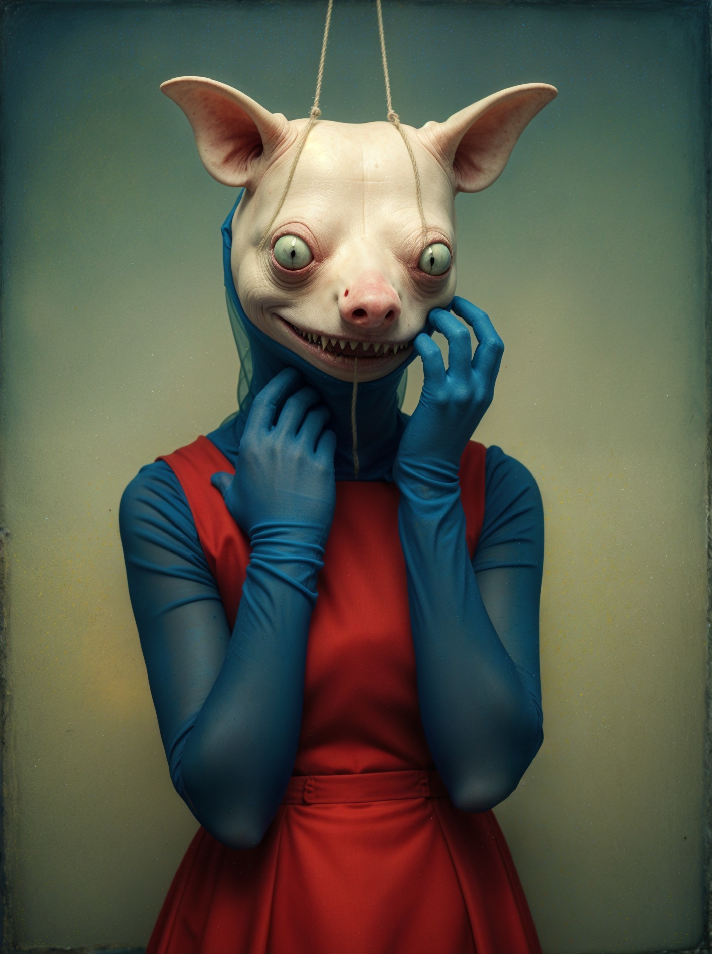 Humanoid Figure in Red Dress with Pig Mask