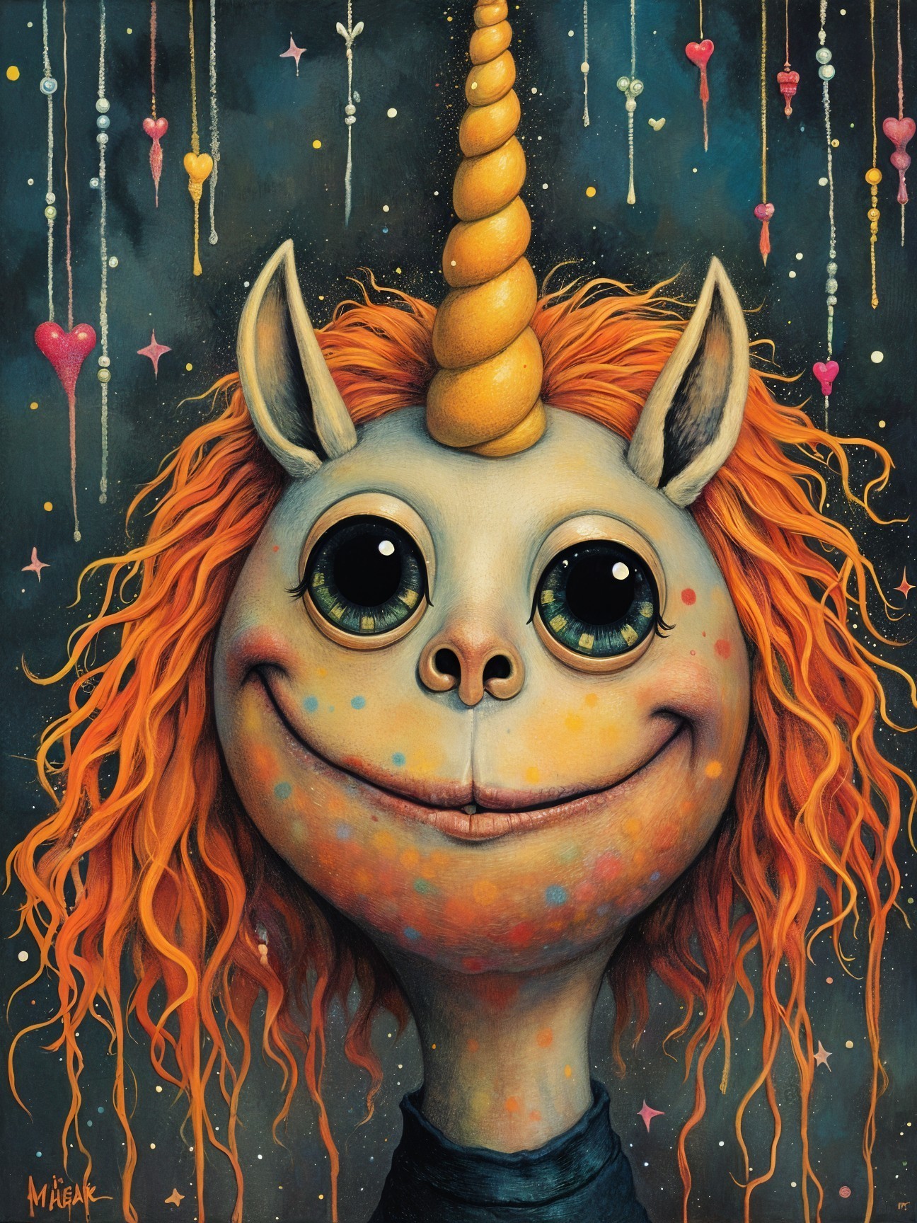 Whimsical Character with Colorful Features and Hearts