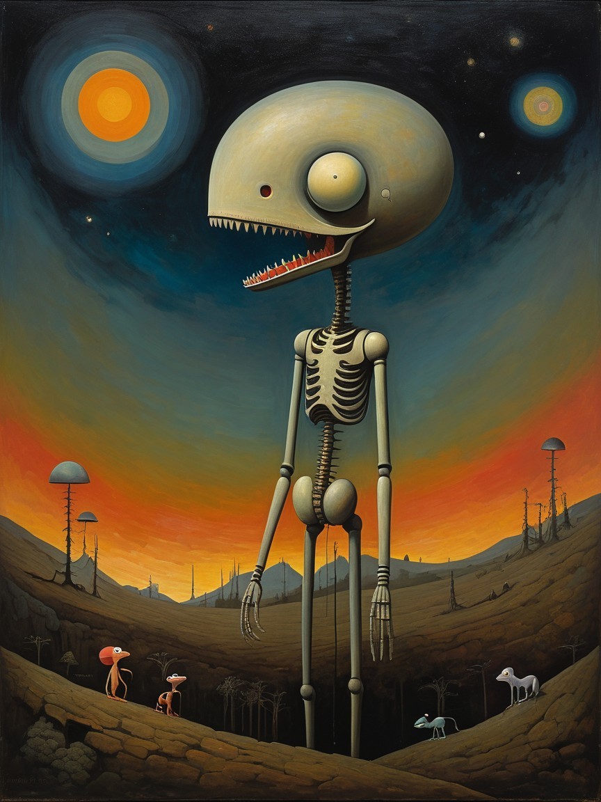 Surreal Landscape with Skeleton Figure and Whimsical Creatures