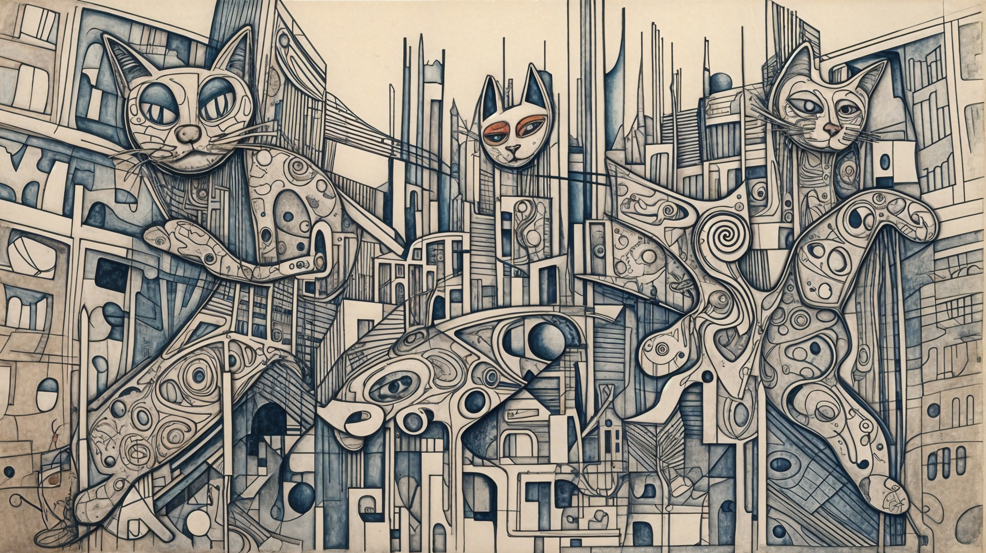 Surreal Artwork of Cats with Abstract Geometric Shapes