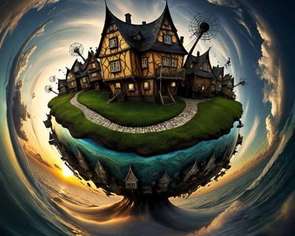 Whimsical Medieval Houses in a Spherical Landscape
