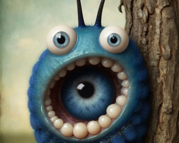 Cartoonish blue creature with large eyes on a tree