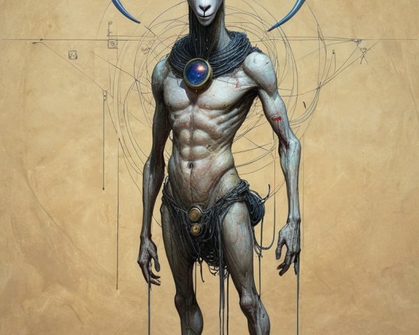 Humanoid Creature with Ram-Like Head and Blue Horns