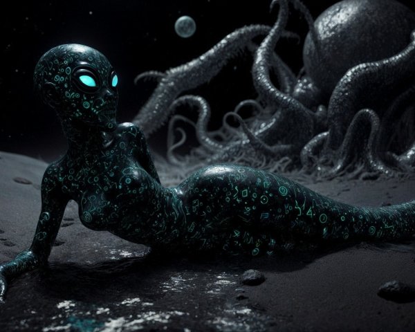 Futuristic Alien Figure on Lunar Surface with Tentacle Creature