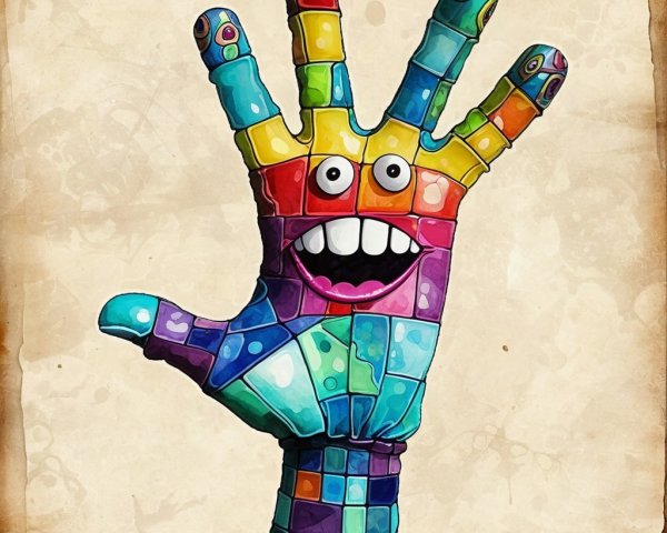 Cartoonish Hand Design with Colorful Tile Patterns