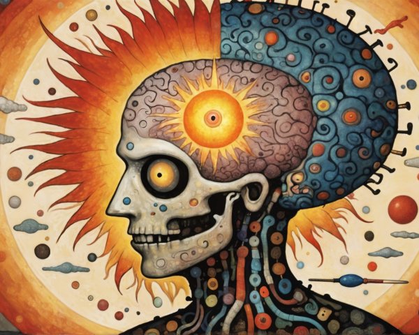 Surreal Skull Illustration with Fiery and Cool Colors
