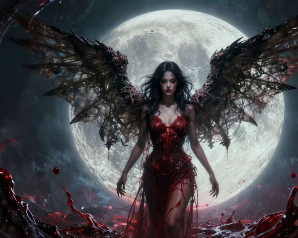 Pale-Skinned Female Vampire with Thorny Wings at Night