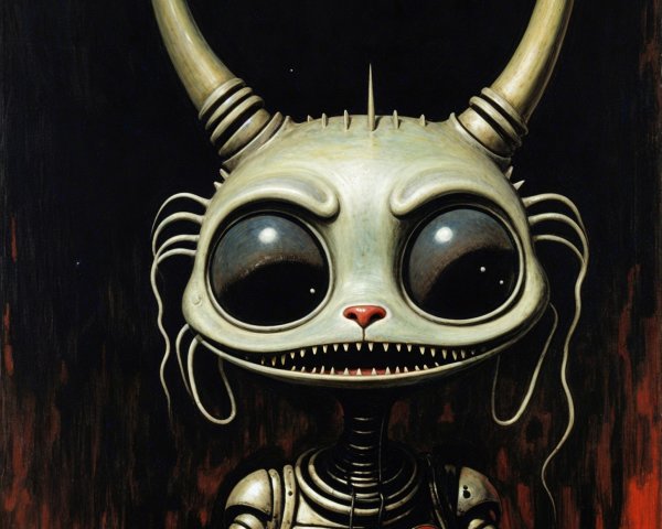 Surreal creature with metallic body and expressive eyes