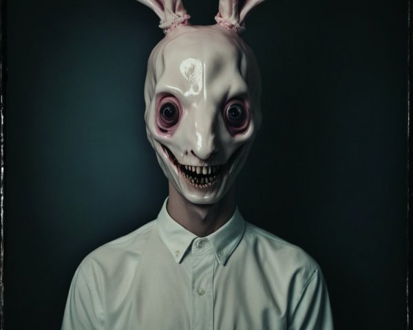 Grotesque Rabbit Mask Against Dark Background
