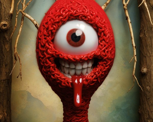 Whimsical Red Monster with Natural Elements Surrounding