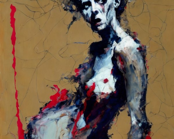 Expressionistic Figure with Intense Gaze on Gold Background