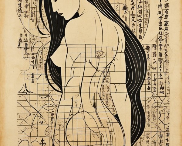 Black and White Woodcut Style Illustration of Woman