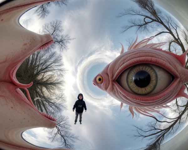 Surreal Landscape with Giant Fish and Child Figure