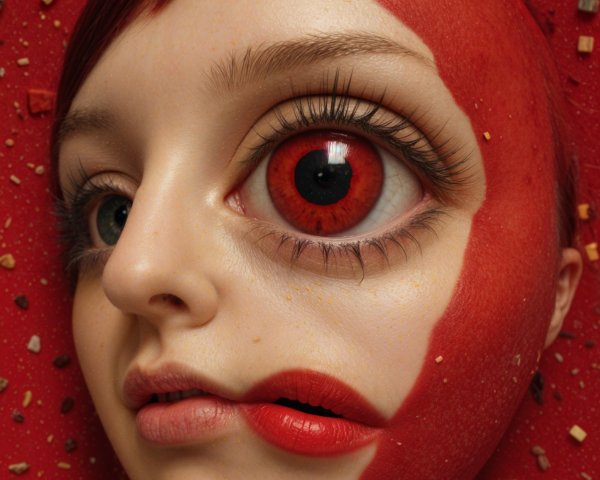 Surreal Artwork of Woman's Face with Abstract Red Design