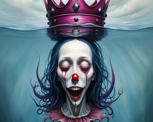 Crowned Clown Head Submerged in Water Scene