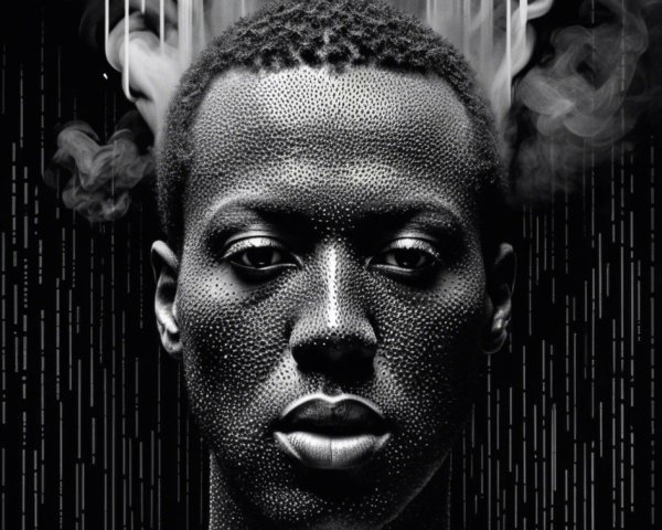 Black-and-white portrait of a male figure with smoke