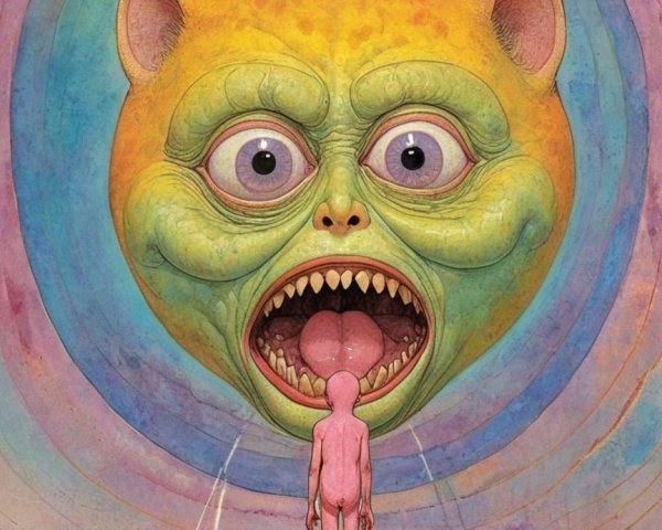 Surreal Scene with Humanoid Figure and Grotesque Cat Face