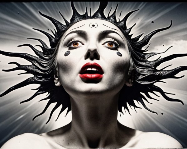 Black-and-white portrait of a woman with dramatic features