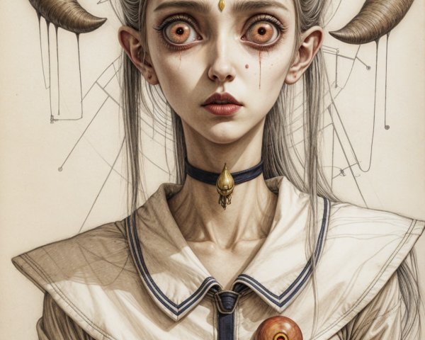 Mesmerizing figure with ram horns and pale features