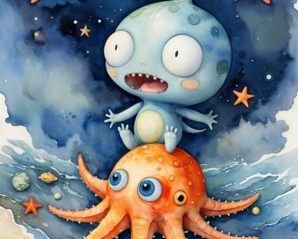 Whimsical Underwater Scene with Blue Creature and Octopus