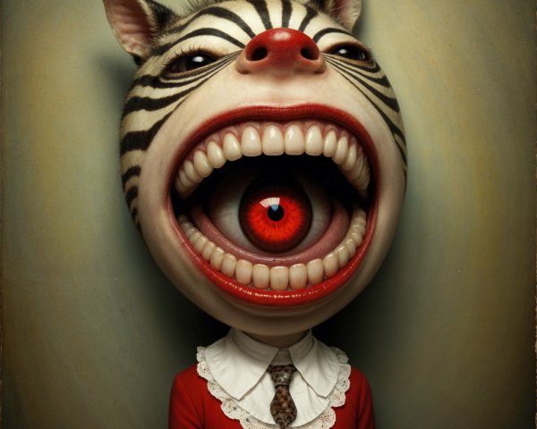 Surreal Character with Zebra-Striped Head and Red Eye
