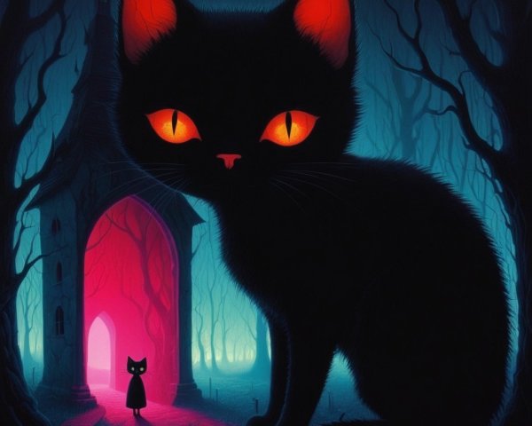 Vivid Artwork of Black Cat and Gothic House