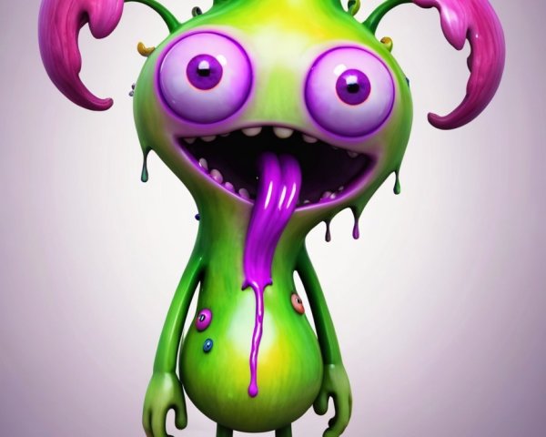 Whimsical Cartoon Creature with Green Body and Purple Accents