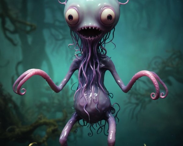 Cartoonish Blue Cthulhu Character in Dark Forest