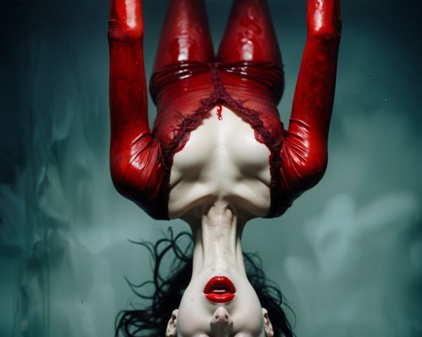 Figure in Glossy Red Outfit Floating Underwater