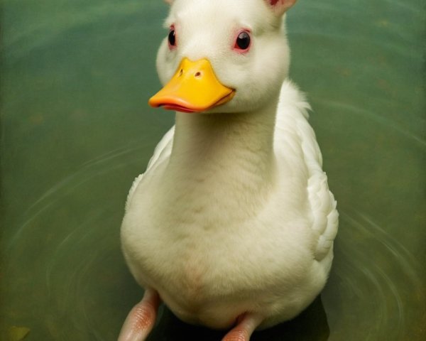 Fluffy White Duck with Bunny Ears in Calm Water Scene