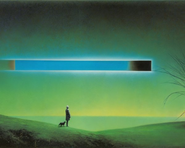 Lone Figure and Dog in a Surreal Landscape Scene